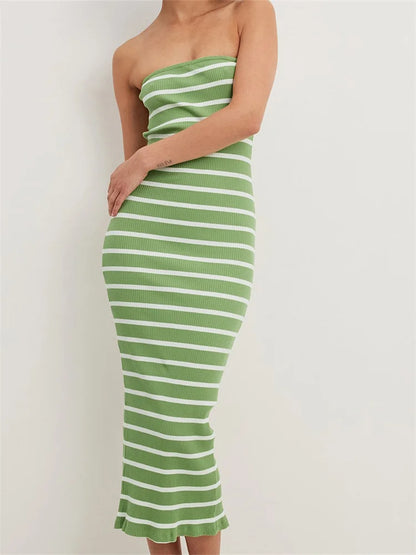 2024 Women Bodycon  Striped Strapless Off Shoulder Backless Tube Summer Split Knitted Party Vestidos