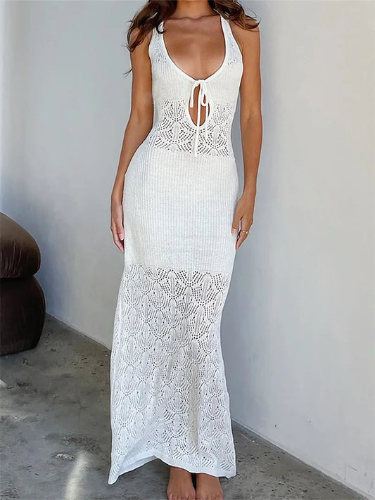 Amy Fashion - Women Crochet Knitted Hollow Out Backless  Spaghetti Strap Halter Lace-up  Beachwear Female Vestidos