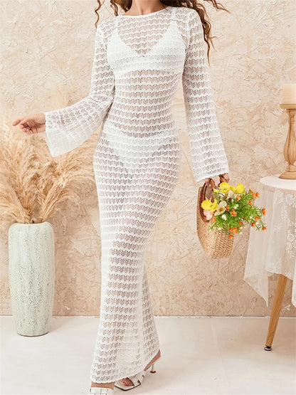 2024 Women Crochet Knitted  Casual  Sleeve Round Neck Backless Tie-up Solid Hollow Out Beach Vestidos
