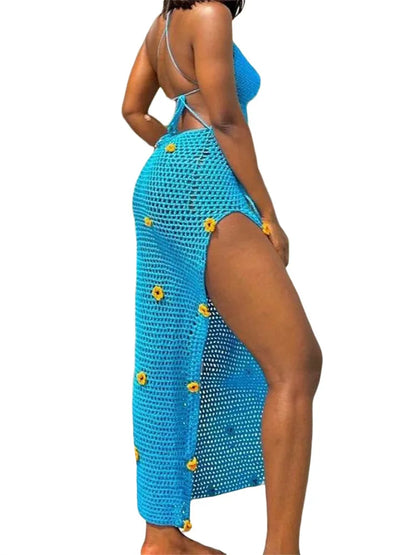 2024 Women Crochet Knitted  Sleeveless Spaghetti Strap High Split Summer Beach 3D Flower Patchwork Vestido