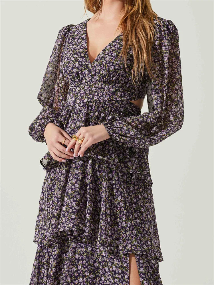 Amy Fashion - Women High Split Floral Print   Puff Sleeve V Neck Layered Ruffles Hem Spring Fall Vestidos