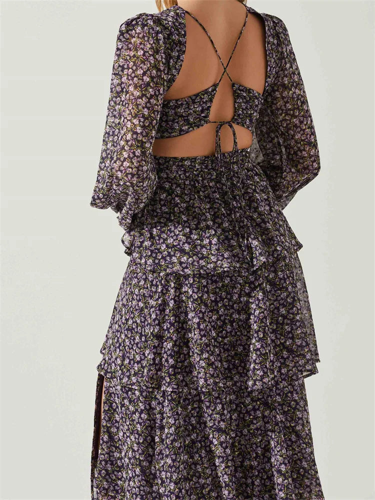Amy Fashion - Women High Split Floral Print   Puff Sleeve V Neck Layered Ruffles Hem Spring Fall Vestidos