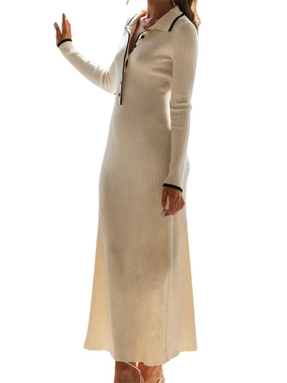 2024 Women Knitted  Sleeve Turn-down Neck Buttons Up Ribbed  Party Slim Fit Fall Female Vestidos