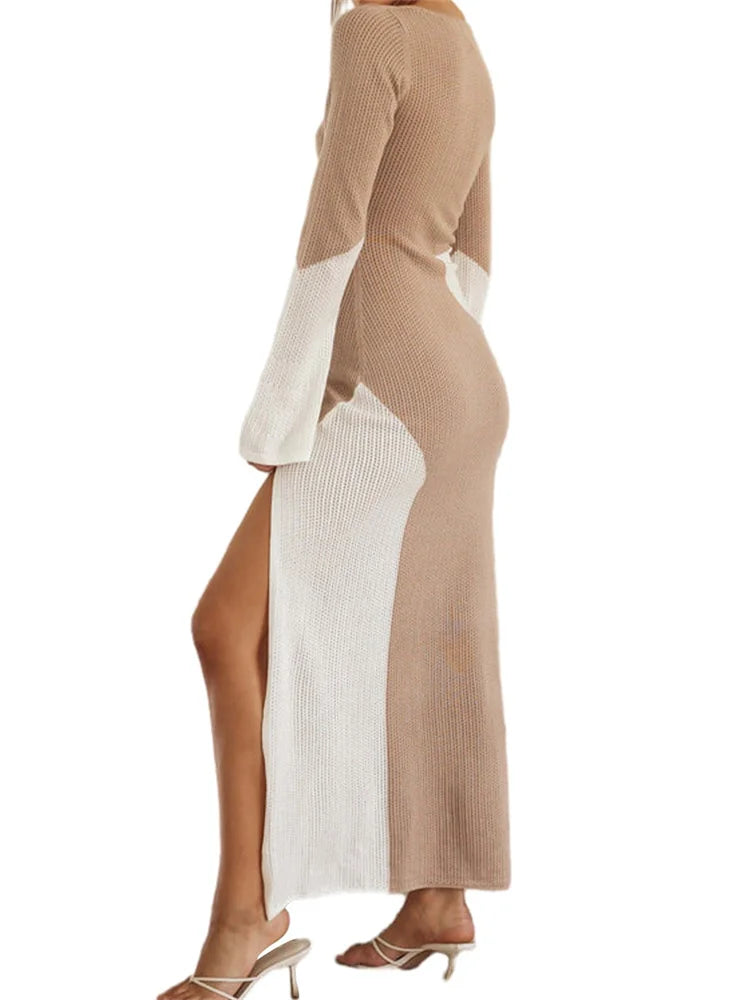 2024 Women Knitted  Contrast Color Tie-Up V-Neck  Sleeve Side High Split Slim Fall Spring Vestido