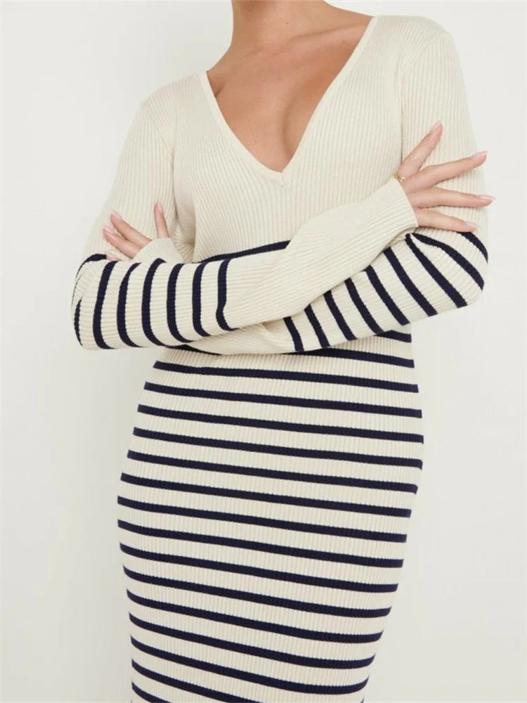 2024 Women Knitted   Sleeve Deep V Neck Striped Slim Fit Spring Autumn Female Vestidos Streetwear
