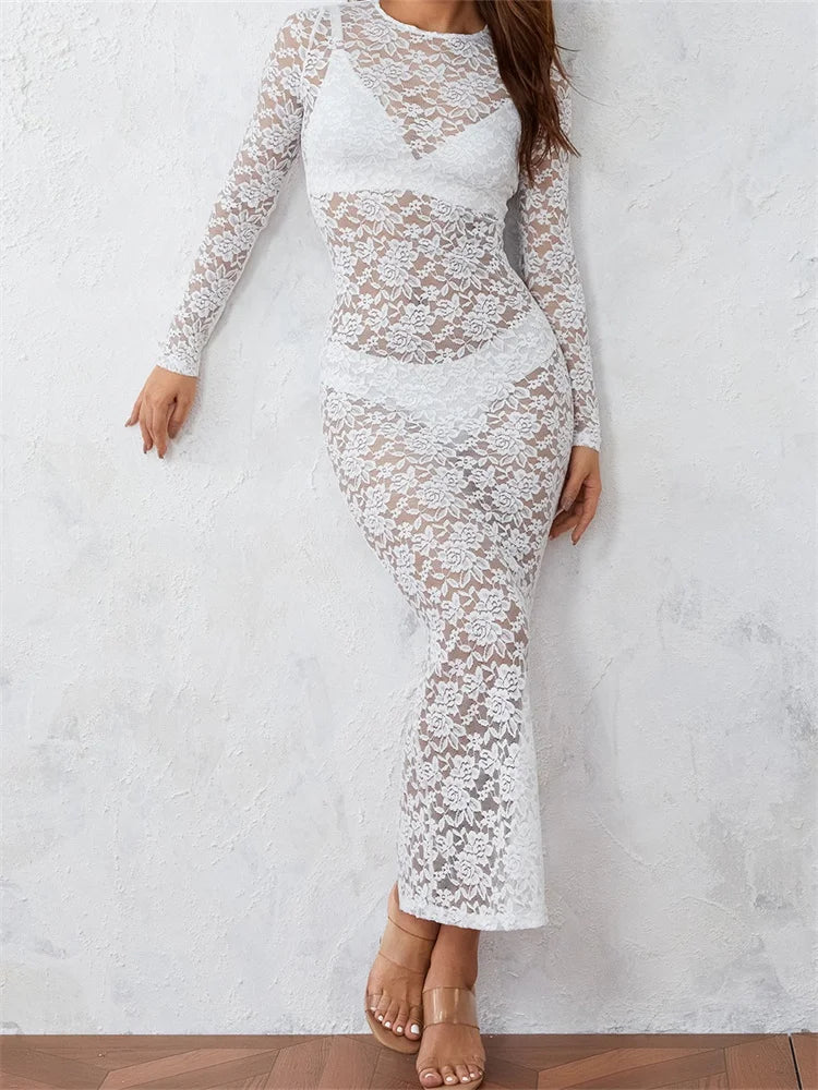 2024 Women Lace Floral See Through  Vintage  Sleeve Round Neck Solid Back Split Party Female Vestidos