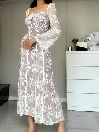 2024 Women Lace Flower  Flare Sleeve Square Neck Tie-up  Spring Fall Solid Party Female Vestidos