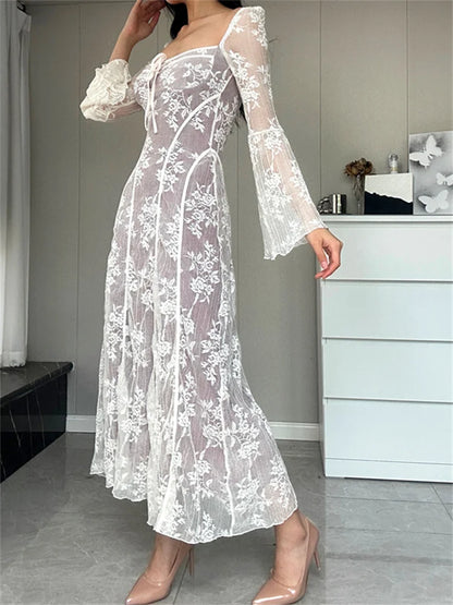 Amy Fashion - Women Lace Flower  Flare Sleeve Square Neck Tie-up  Spring Fall Solid Party Female Vestidos