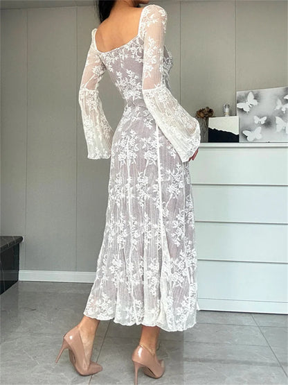 2024 Women Lace Flower  Flare Sleeve Square Neck Tie-up  Spring Fall Solid Party Female Vestidos