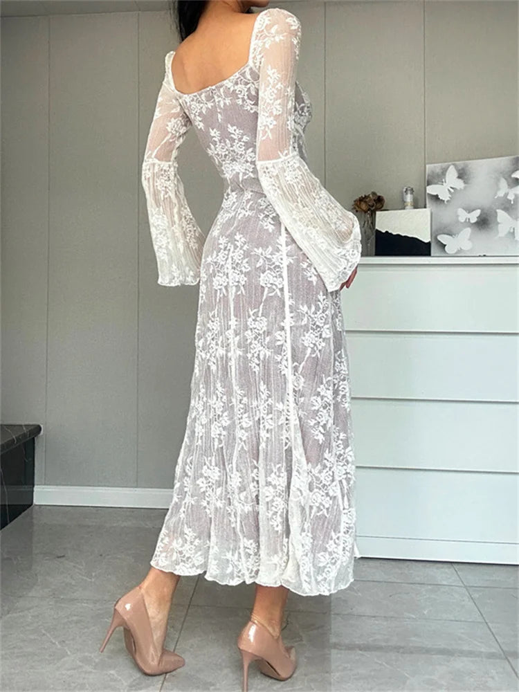 Amy Fashion - Women Lace Flower  Flare Sleeve Square Neck Tie-up  Spring Fall Solid Party Female Vestidos