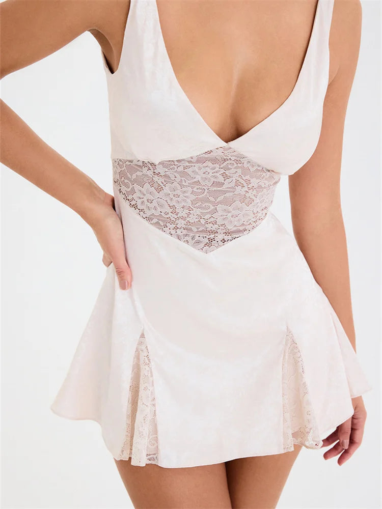 2024 Lace Patchwork See Through Vintage A - Line Mini Dress