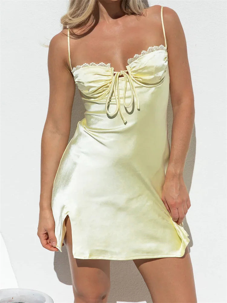 2024 Lace Satin Sleeveless Spaghetti Strap Front Tie up Mini Dress