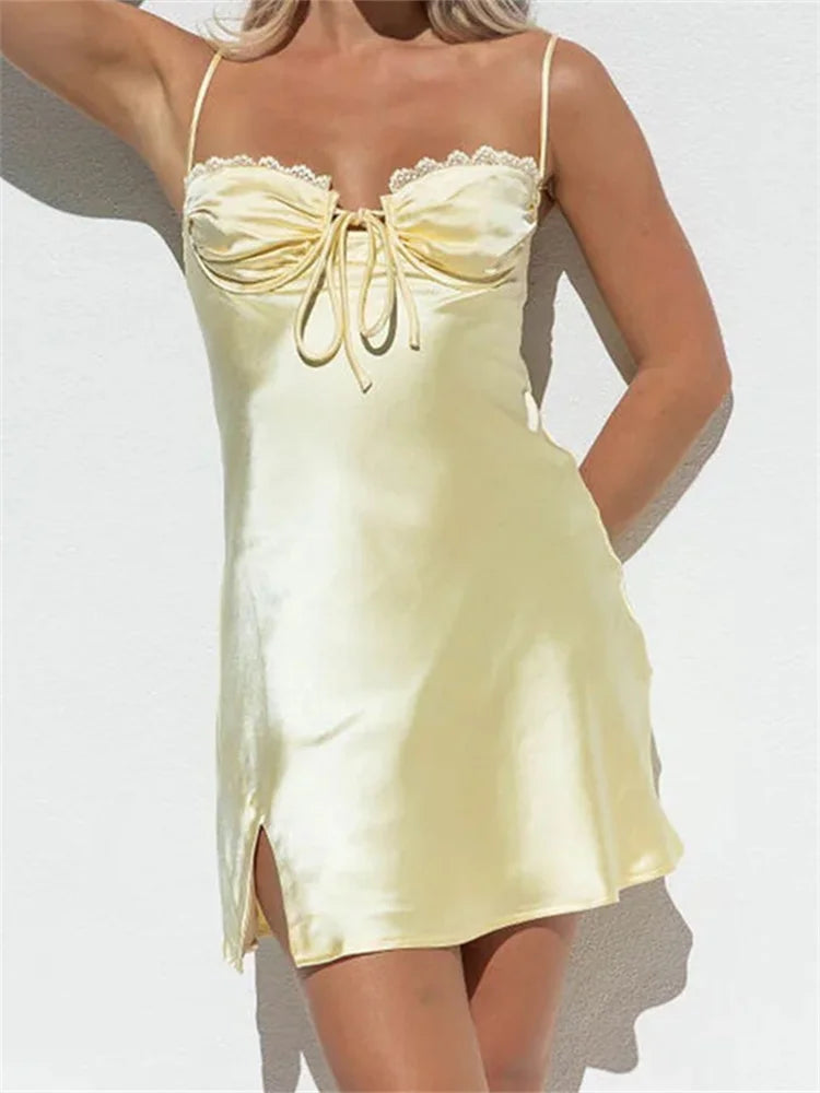2024 Lace Satin Sleeveless Spaghetti Strap Front Tie up Mini Dress