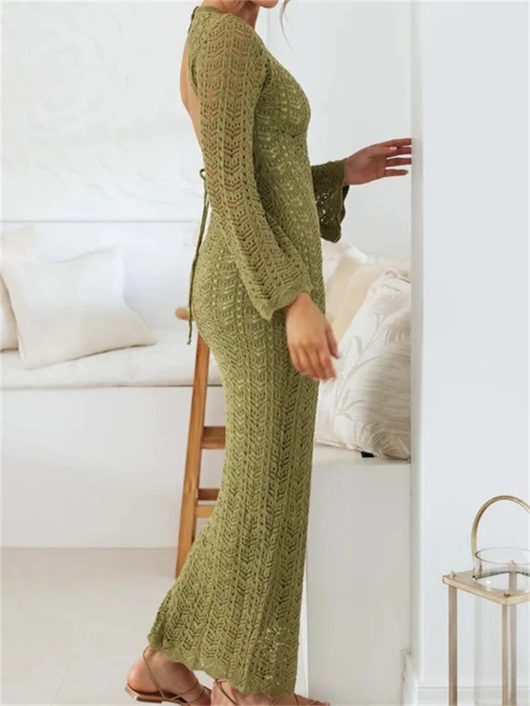 2024 Women   Sleeve Round Neck Backless Tie-up Hollow Out Cocktail Spring Autumn Female Vestidos
