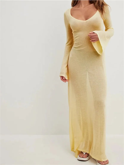 2024 Women  Vintage  Sleeve V Neck See Through Slim Fit Solid Color Party Female Vestidos Streetwear