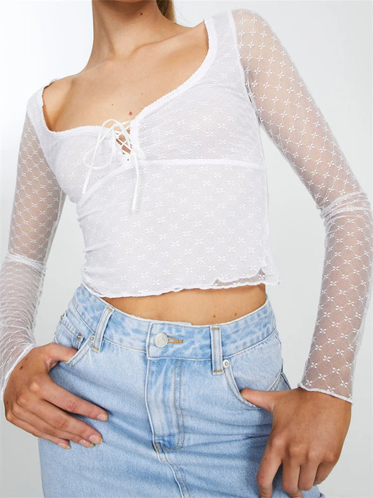 Amy Fashion - Long Sleeve  Lace Mesh See Through Tie-Up T-Shirts