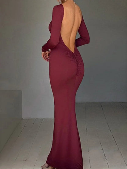 2024 Women  Sleeve Solid Color Round Neck Backless Ruched  Spring Summer Party Female Vestidos