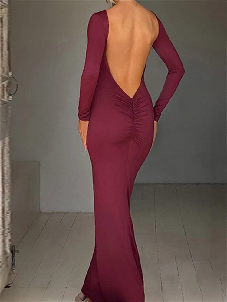 Amy Fashion - Women  Sleeve Solid Color Round Neck Backless Ruched  Spring Summer Party Female Vestidos