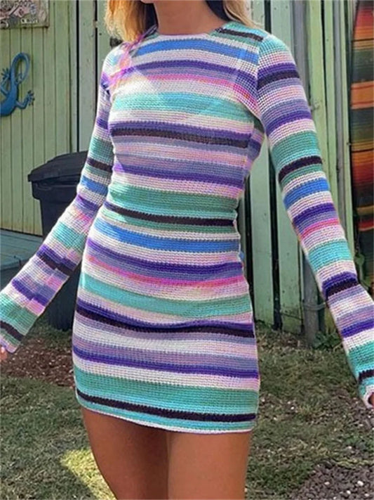 Amy Fashion - Long Sleeve Casual Striped Backless Fall Party Mini Dress