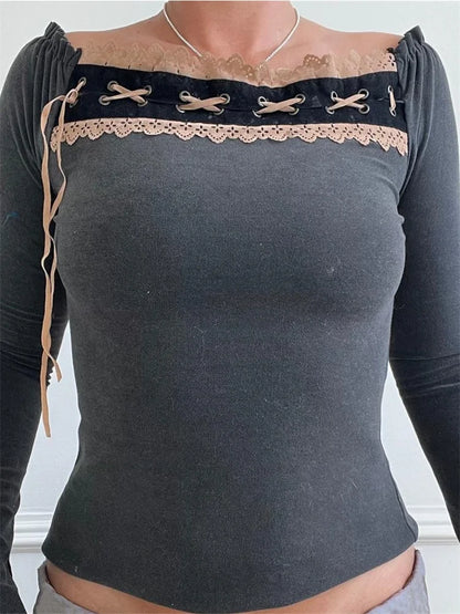 Amy Fashion - Long SleeveLace Patchwork Retro Criss-Cross T-Shirts
