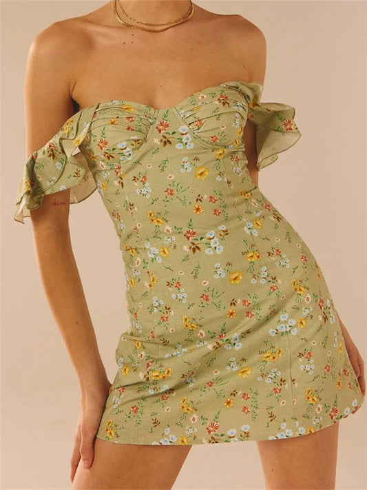Amy Fashion - Off Shoulder Casual Sleeveless Floral Print Ruffle Trim Mini Dress