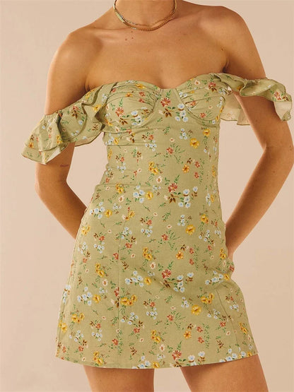 2024 Off Shoulder Casual Sleeveless Floral Print Ruffle Trim Mini Dress