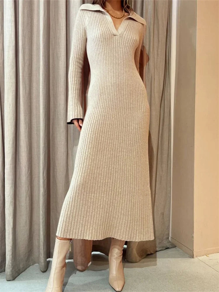 2024 Women Ribbed Knitted   Flare Sleeve Lapel Solid Color Party Going Out Female Vestidos Streetwear