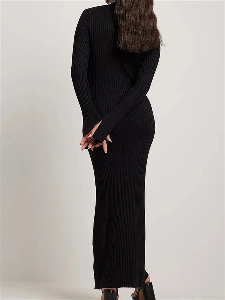 2024 Women Ribbed Knitted   Flare Sleeve Lapel Solid Color Bodycon Party Going Out Female Vestido