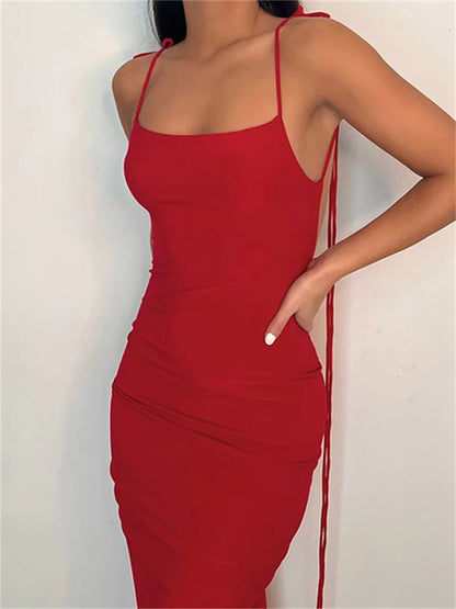 2024 Women Sexy Backless Ruched  Adjustable Lace-up Strap Slim Elegant Solid Party Female Vestido Clubwear