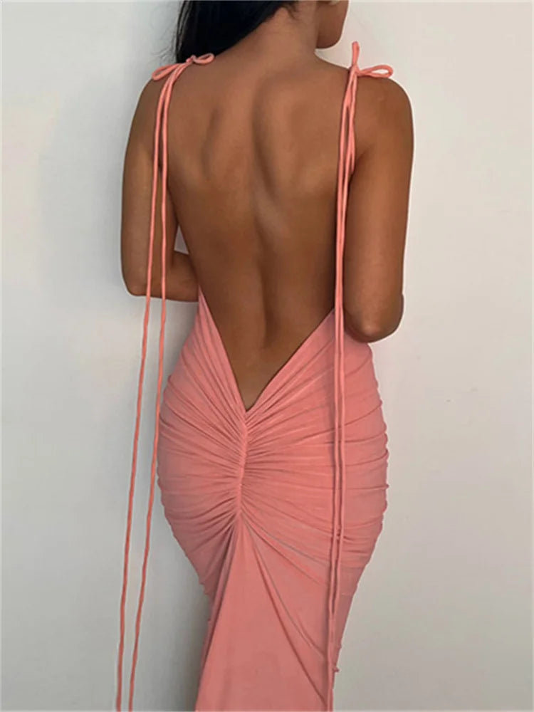 2024 Women Sexy Backless Ruched  Adjustable Lace-up Strap Slim Elegant Solid Party Female Vestido Clubwear