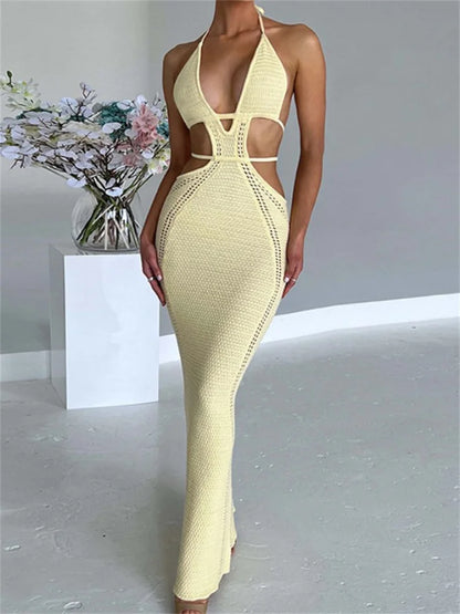 2024 Women Sexy Knitted Cut Out Spaghetti Strap  Halter Backless Club Party Y2K Female Vestidos Streetwear