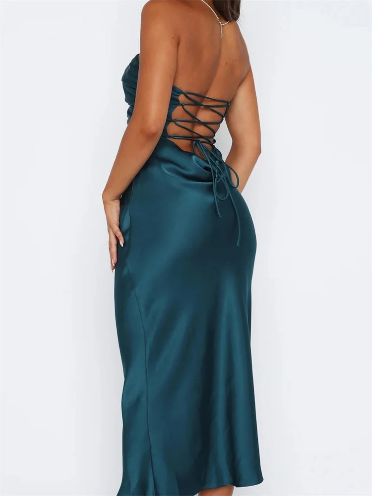 2024 Women Sexy Strapless Backless  Low Cut Off Shoulder Tube Party Satin Female Vestidos Streetwear
