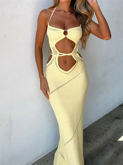 2024 Women Sleeveless Halter Knitted  Solid Color Front Cutout Backless Tie-Up Slim Beach Summer Vestidos