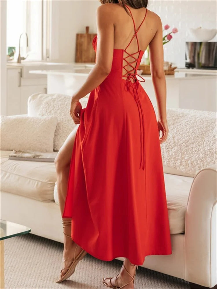 Amy Fashion - Women Sleeveless Strap  Ruched Tie-up Backless Criss-cross Hollow Out High Split Party Beach Vestidos