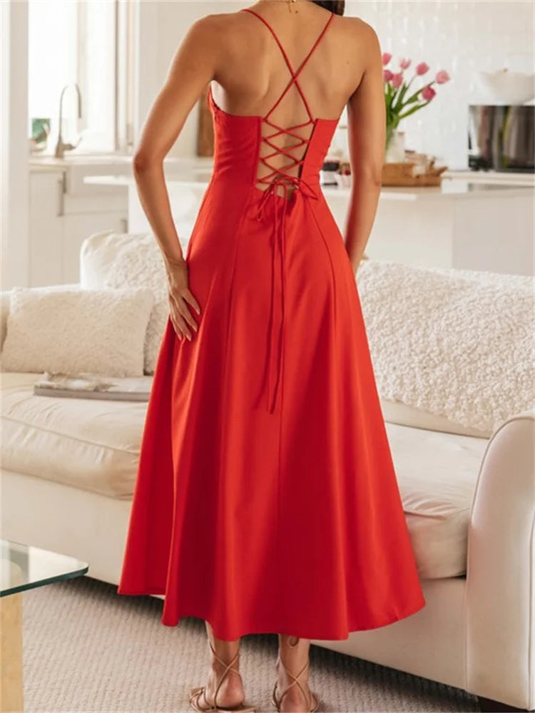 2024 Women Sleeveless Strap  Ruched Tie-up Backless Criss-cross Hollow Out High Split Party Beach Vestidos