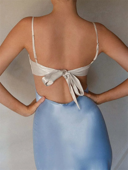 2024 Women Slim  Adjustable Strap Back Tie-up High Waist Low Cut Contrast Color Wedding Party Club Vestido