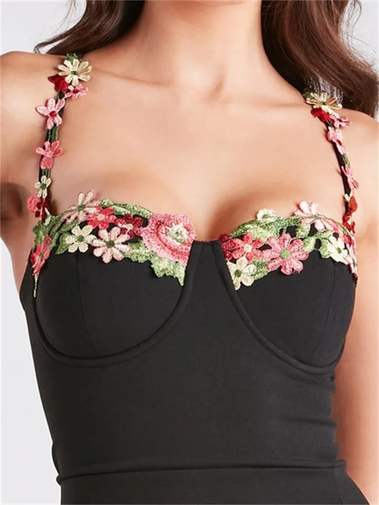 Amy Fashion - Women Slim Sling High Split  Flower Embroidery Sleeveless Spaghetti Strap Summer Party Club Vestidos