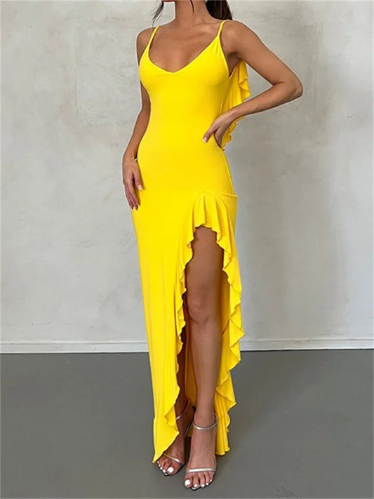 Amy Fashion - Women Spaghetti Strap Backless Ruffles  Sexy Slim Fit V Neck Sleeveless Strap Ruched Beach  Vestidos