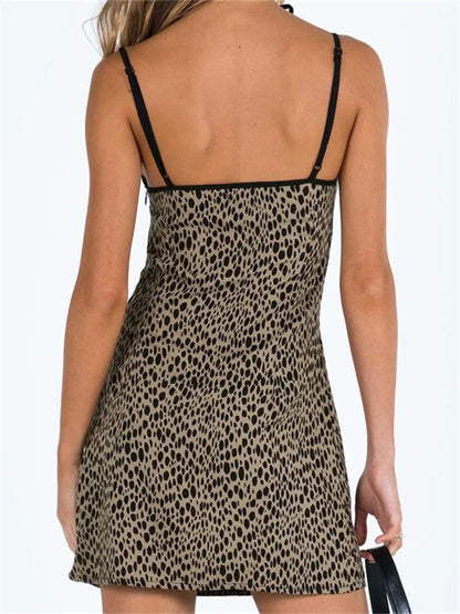 Amy Fashion - Spaghetti Strap Sleeveless Summer Leopard Print Party Mini Dress