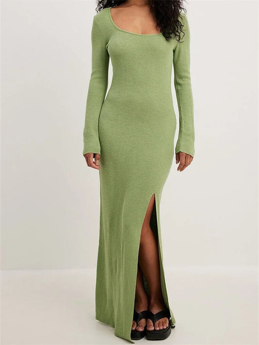 Amy Fashion - Women Spring Fall Knitted  Elegant  Sleeve Round Neck Solid High Split Female Vestidos Streetwear