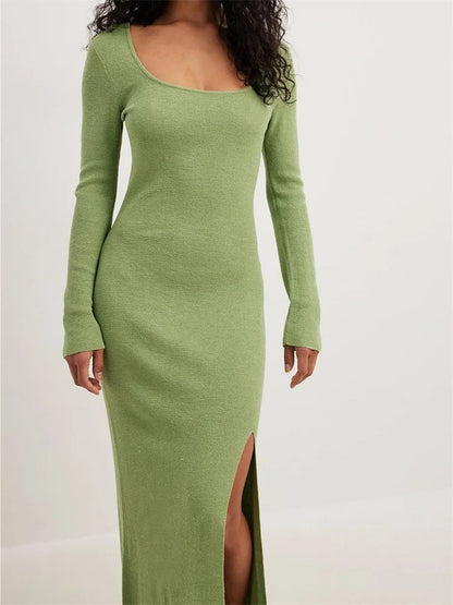 2024 Women Spring Fall Knitted  Elegant  Sleeve Round Neck Solid High Split Female Vestidos Streetwear