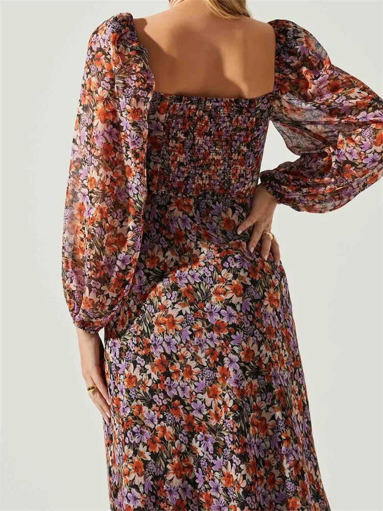 2024 Women Spring Fall Vintage  Floral Print V-neck  Puff Sleeve Fashion Backless Holiday Vestido
