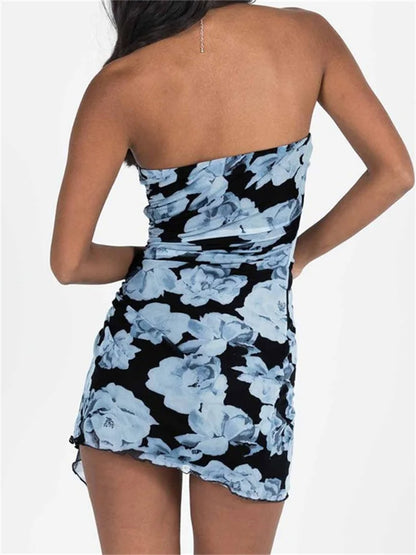 2024 Strapless Off Shoulder Tube Summer Sexy Ruched Irregular Mini Dress