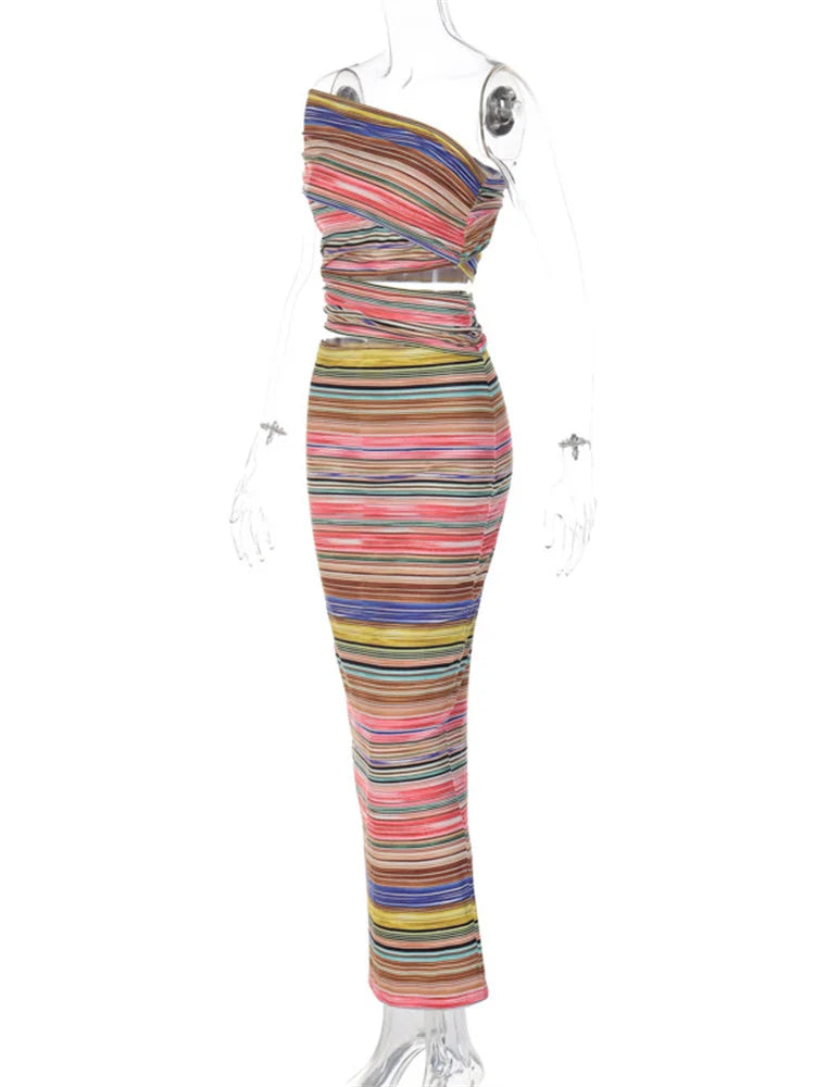 2024 Women Striped Bodycon Summer Irregular Cutout One Shoulder Sleeveless Beach Party for Club Streetwear New