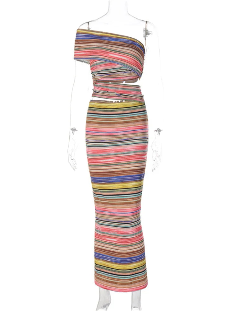 2024 Women Striped Bodycon Summer Irregular Cutout One Shoulder Sleeveless Beach Party for Club Streetwear New