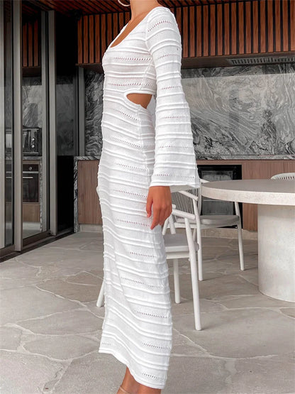 2024 Women Summer Beach   Flare Sleeve O-neck Hollow Out Solid Color Knitted Female Backless Vestidos