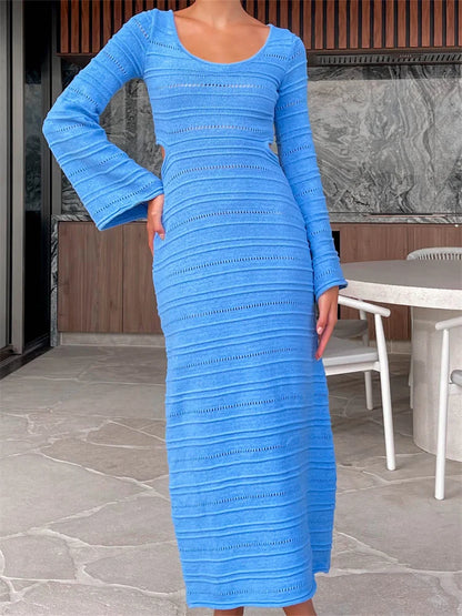 2024 Women Summer Beach   Flare Sleeve O-neck Hollow Out Solid Color Knitted Female Backless Vestidos