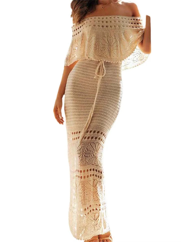 2024 Women Summer Knitted  Short Sleeve Off Shoulder Hollow Out Tie Up Streetwear Female Vestidos  New