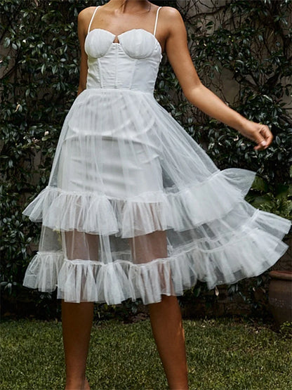 2024 Women Summer  Solid Color Sleeveless Strap Summer Layered Tulle Ruffles Backless Party Vestidos