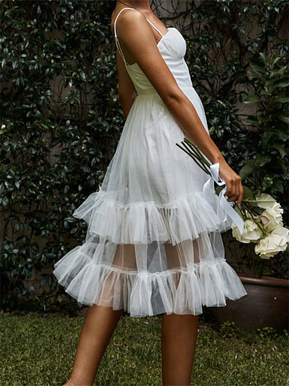 2024 Women Summer  Solid Color Sleeveless Strap Summer Layered Tulle Ruffles Backless Party Vestidos